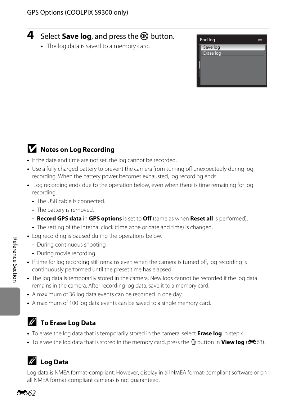 Select save log , and press the k button | Nikon Coolpix S9300 User Manual | Page 182 / 244