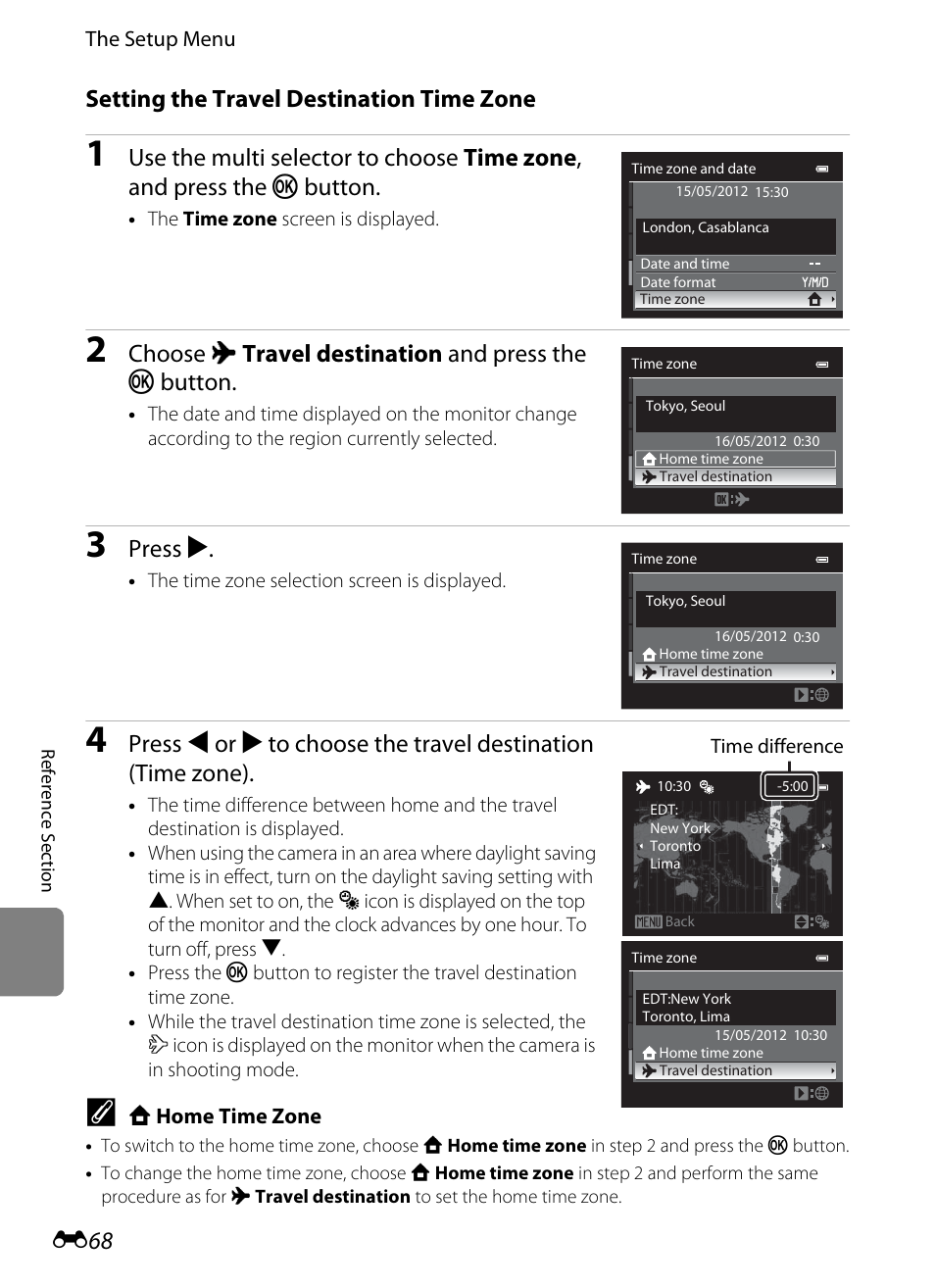 Setting the travel destination time zone, Choose x travel destination and press the k button, Press k | Nikon Coolpix S9300 User Manual | Page 188 / 244