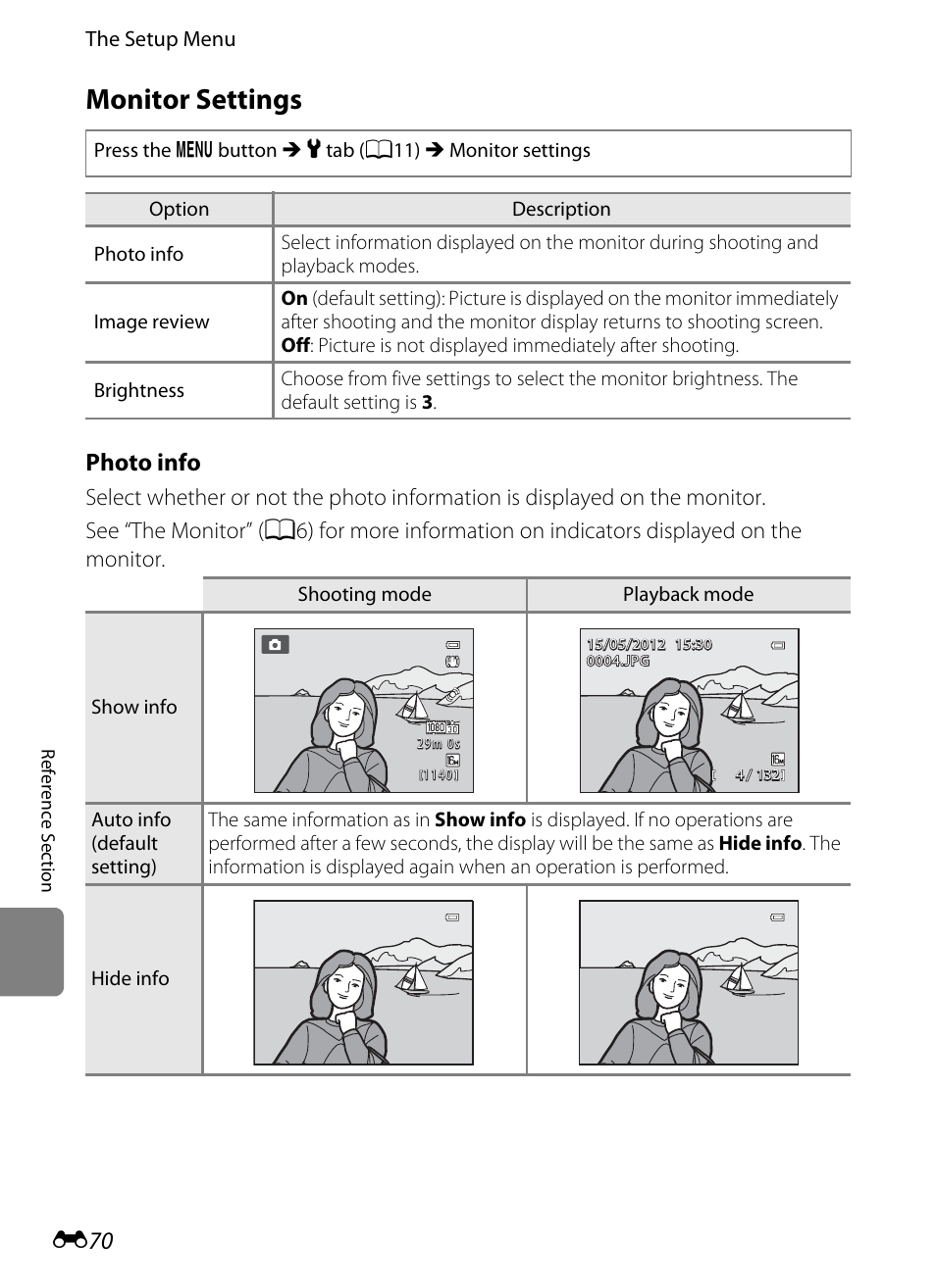 Monitor settings, Photo info | Nikon Coolpix S9300 User Manual | Page 190 / 244