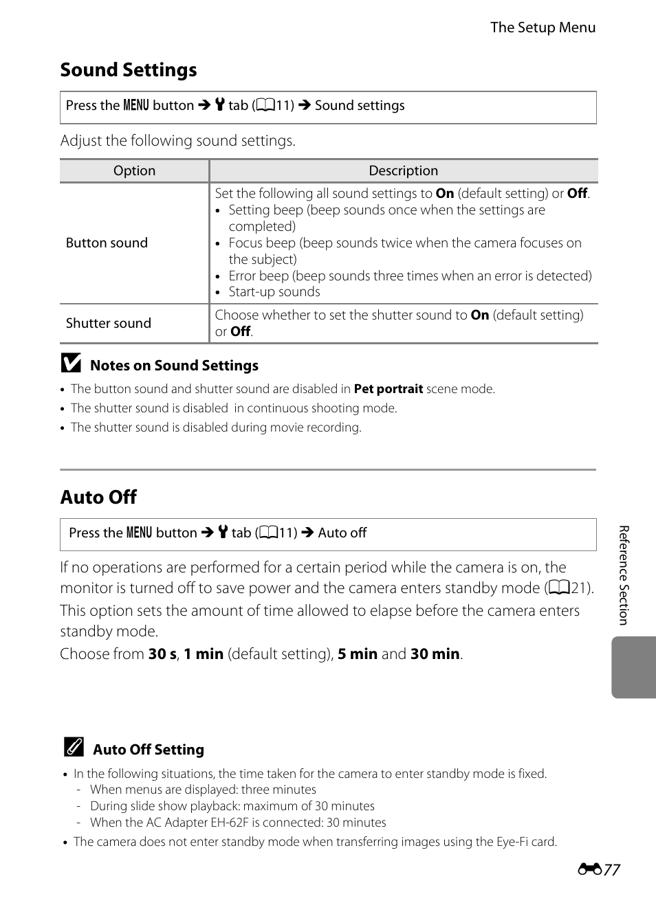 Sound settings, Auto off, E77) | Nikon Coolpix S9300 User Manual | Page 197 / 244