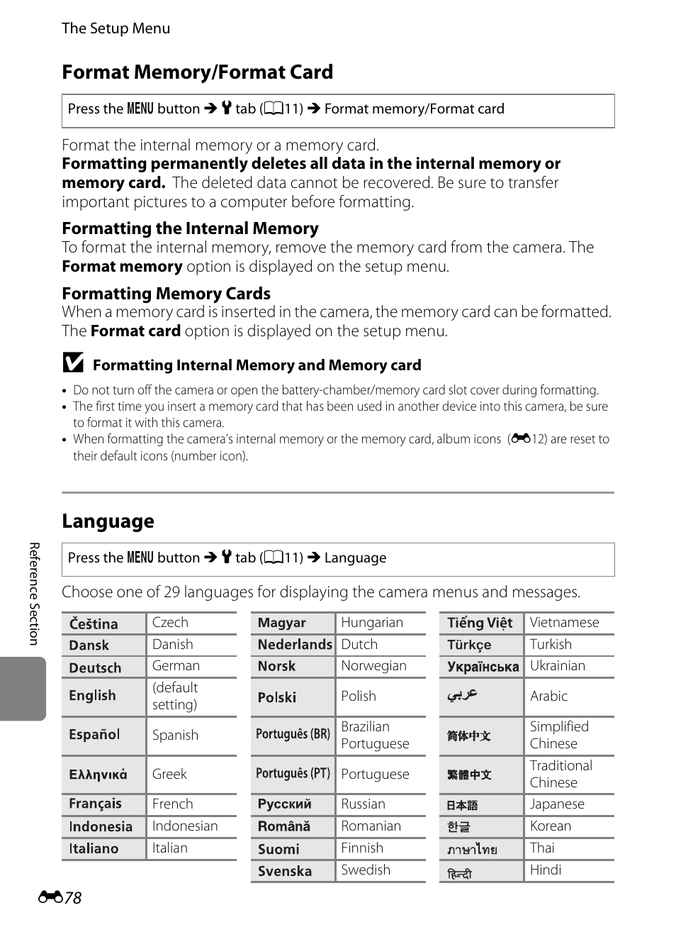 Format memory/format card, Language, E78) per | Nikon Coolpix S9300 User Manual | Page 198 / 244