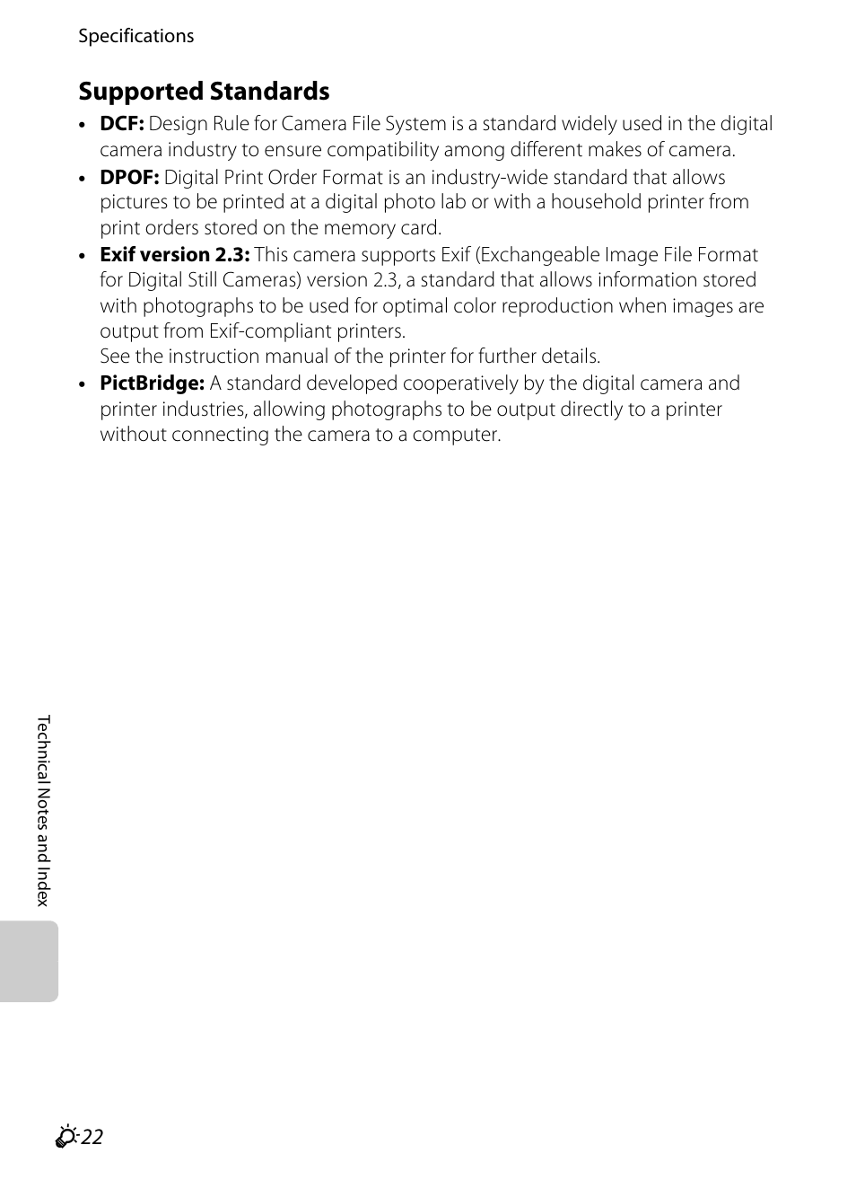 Supported standards, Tible, F22) printers can co | F22), F22) printer | Nikon Coolpix S9300 User Manual | Page 238 / 244