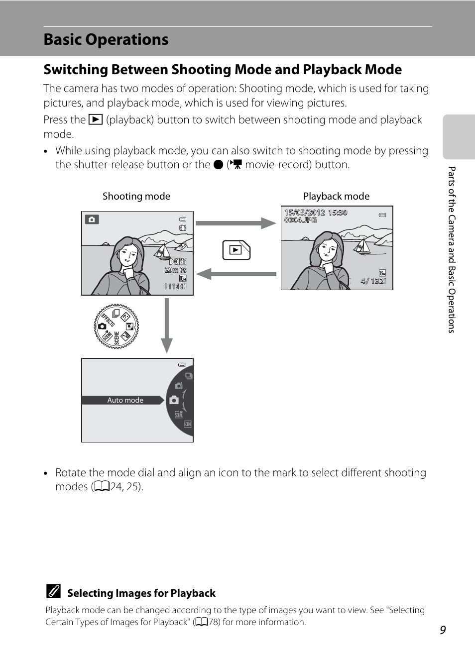 Basic operations, Switching between shooting mode and playback mode | Nikon Coolpix S9300 User Manual | Page 27 / 244