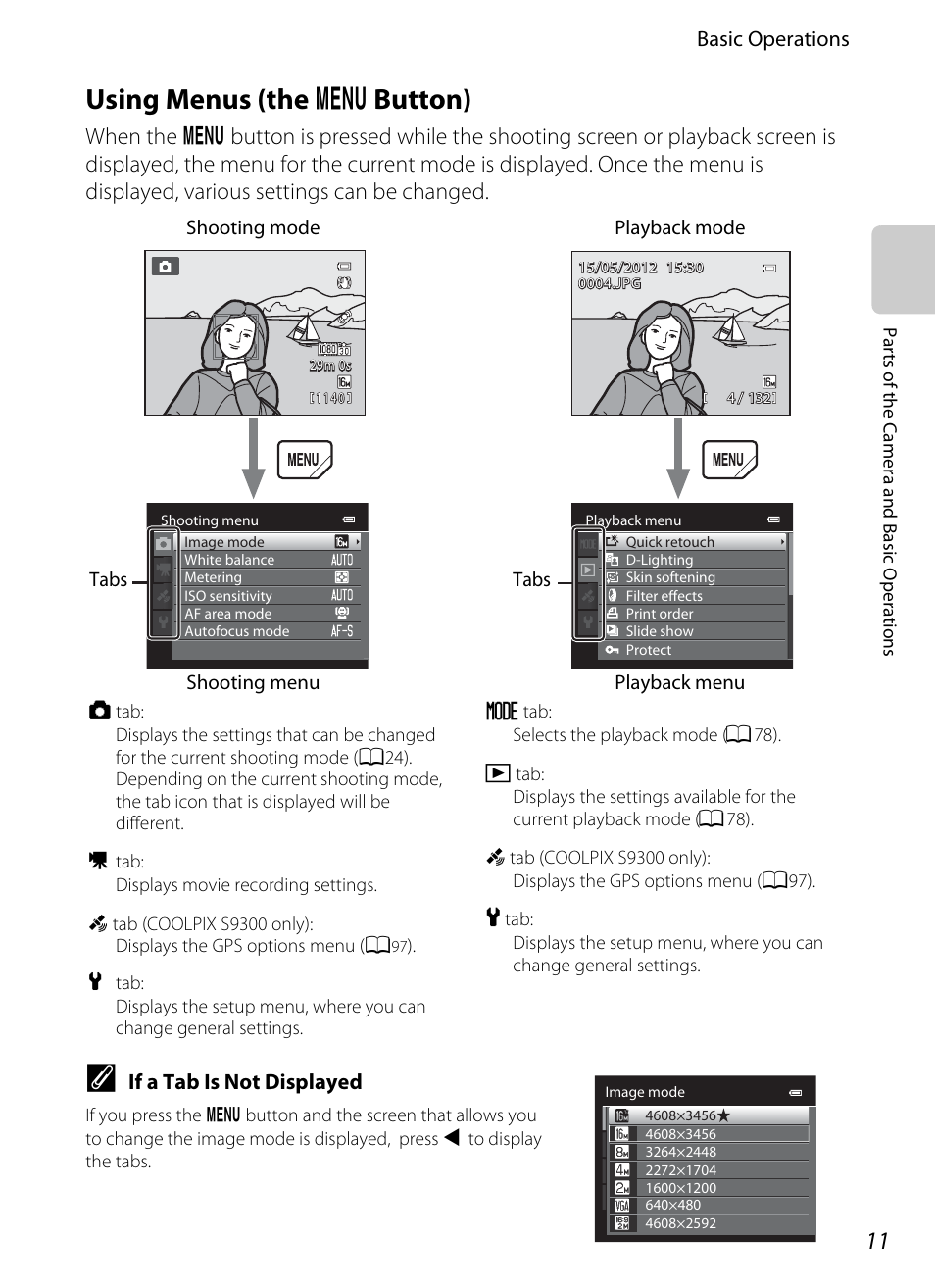 Using menus (the menu button), Using menus (the, D button) | Using menus (the d button), Basic operations, If a tab is not displayed | Nikon Coolpix S9300 User Manual | Page 29 / 244