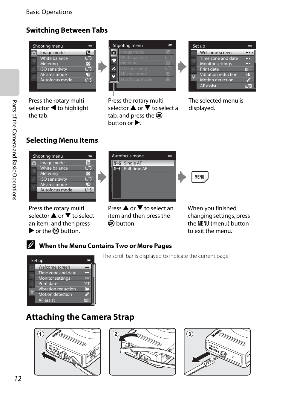 Attaching the camera strap, Switching between tabs selecting menu items | Nikon Coolpix S9300 User Manual | Page 30 / 244