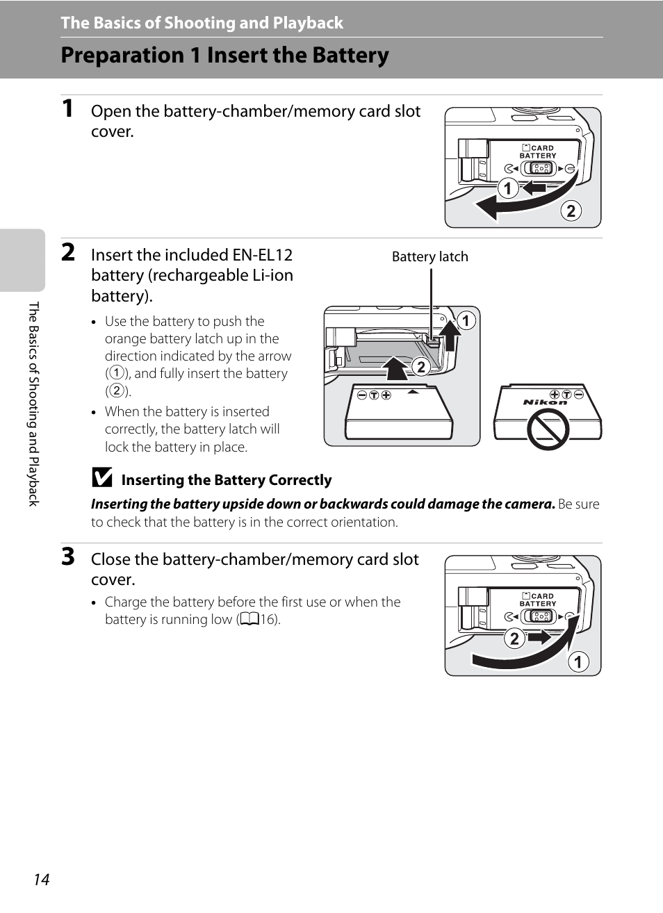 Preparation 1 insert the battery | Nikon Coolpix S9300 User Manual | Page 32 / 244