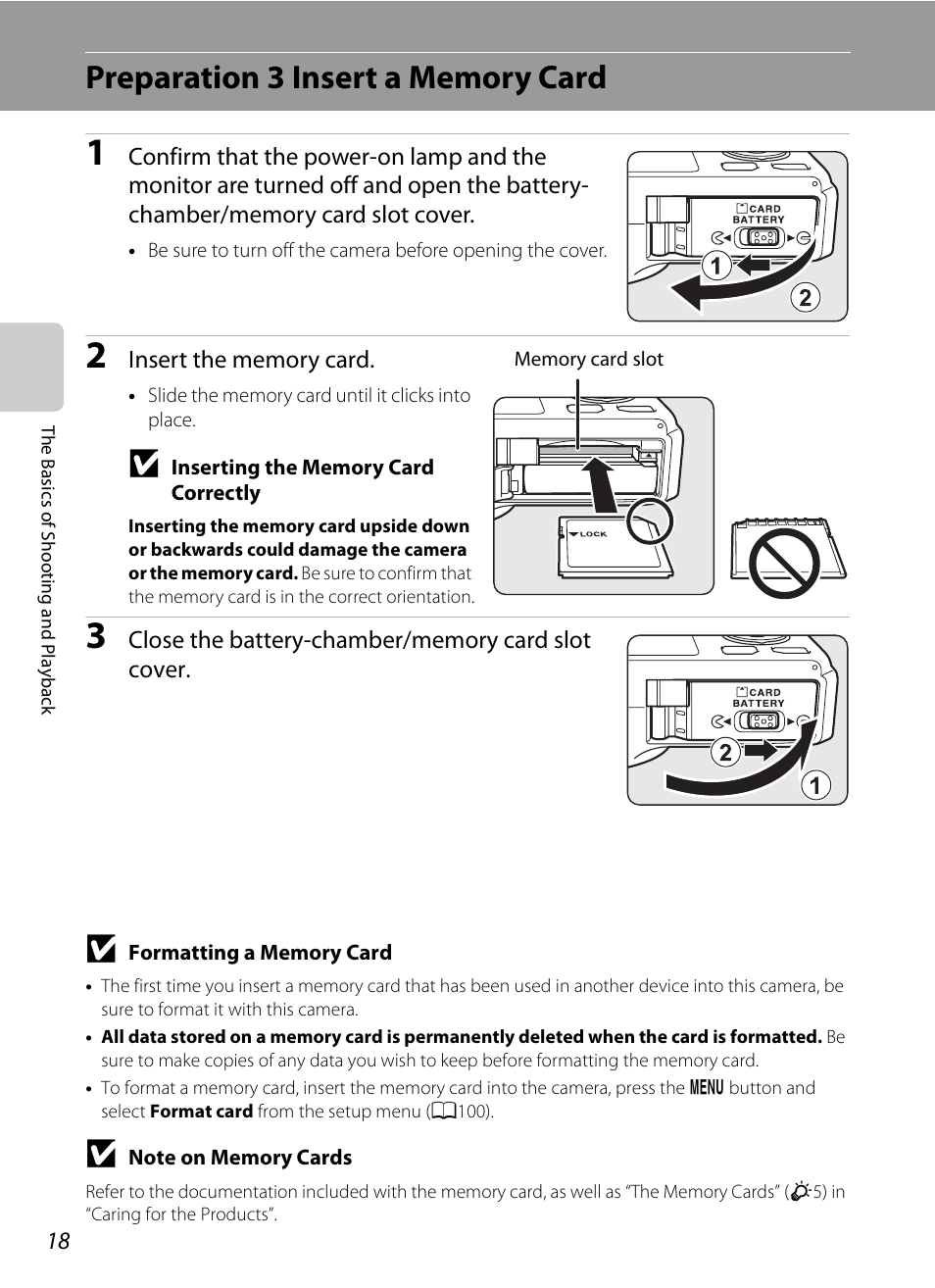 Preparation 3 insert a memory card | Nikon Coolpix S9300 User Manual | Page 36 / 244