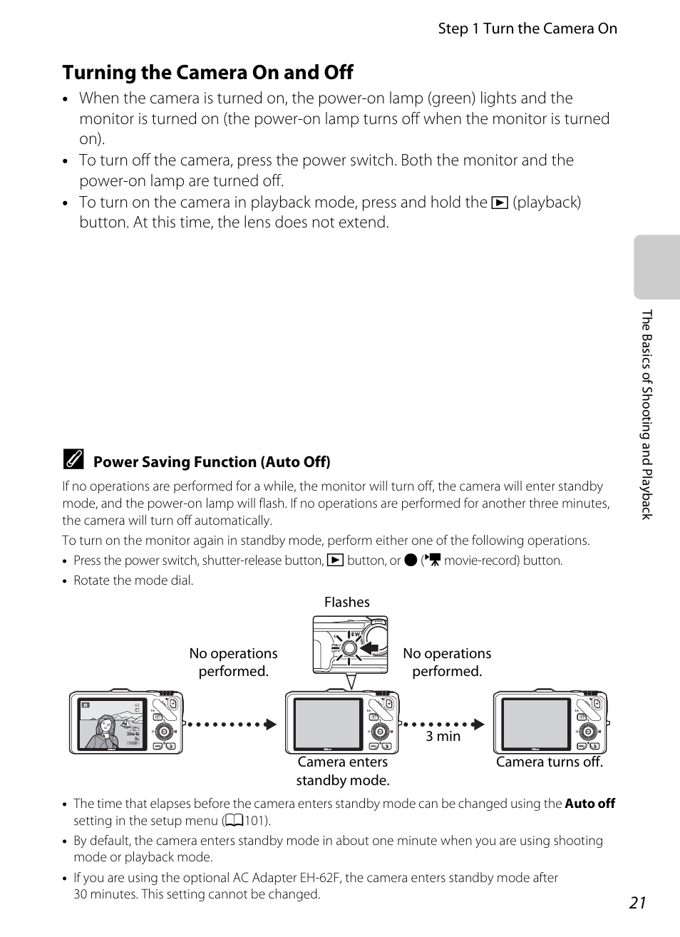 Turning the camera on and off, Step 1 turn the camera on, Power saving function (auto off) | Nikon Coolpix S9300 User Manual | Page 39 / 244