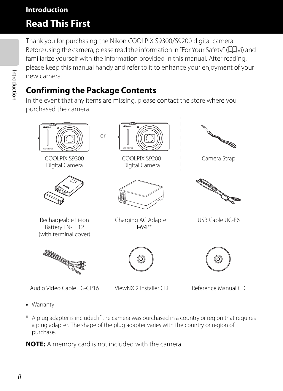 Introduction, Read this first, Confirming the package contents | Nikon Coolpix S9300 User Manual | Page 4 / 244