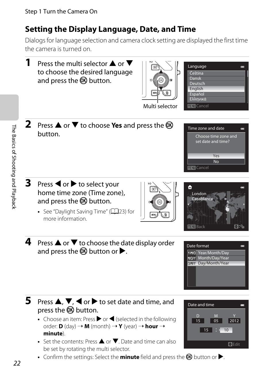 Setting the display language, date, and time, A22), Press h or i to choose yes and press the k button | Nikon Coolpix S9300 User Manual | Page 40 / 244