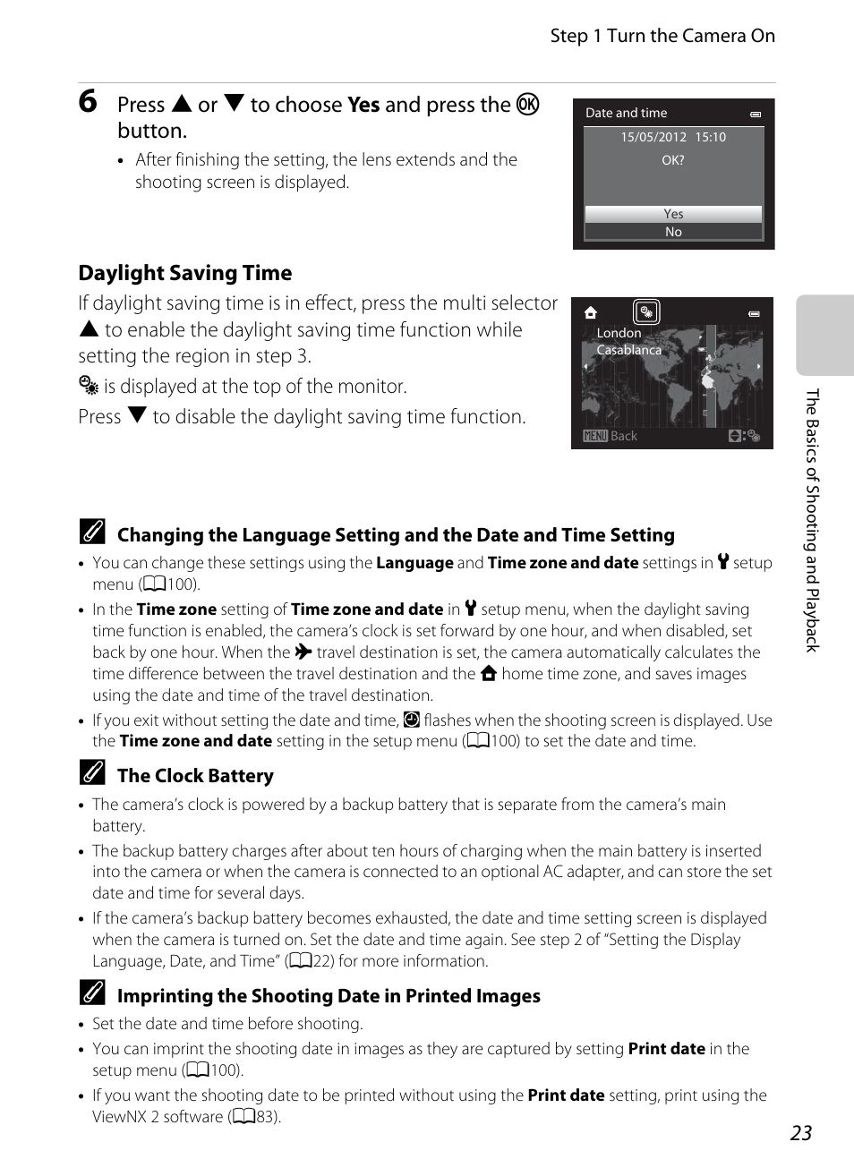 Press h or i to choose yes and press the k button, Daylight saving time | Nikon Coolpix S9300 User Manual | Page 41 / 244