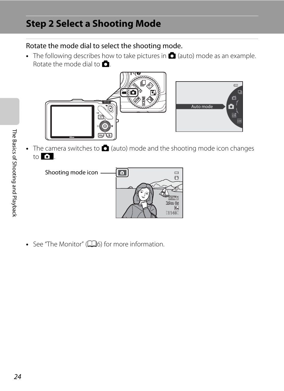 Step 2 select a shooting mode, A24), Rotate the mode dial to select the shooting mode | Nikon Coolpix S9300 User Manual | Page 42 / 244