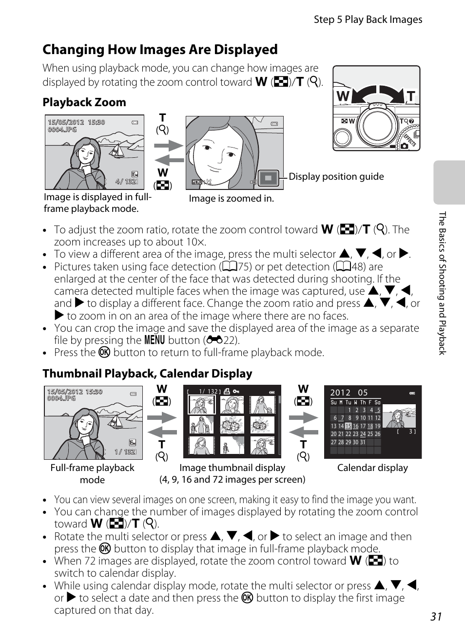 Changing how images are displayed, Fied, A31) | Playback zoom, Thumbnail playback, calendar display | Nikon Coolpix S9300 User Manual | Page 49 / 244