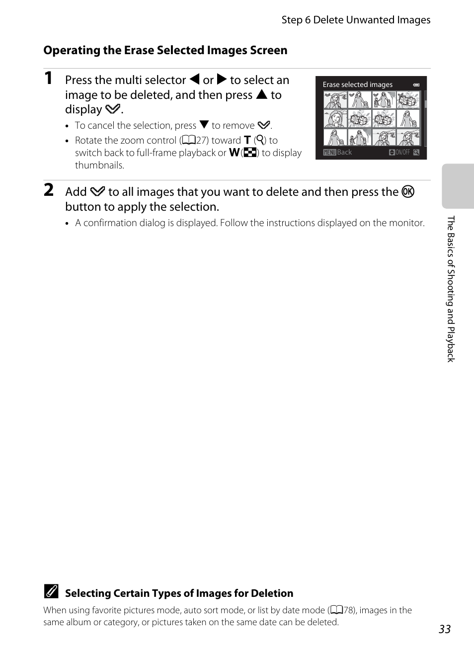 Operating the erase selected images screen, A33) for | Nikon Coolpix S9300 User Manual | Page 51 / 244