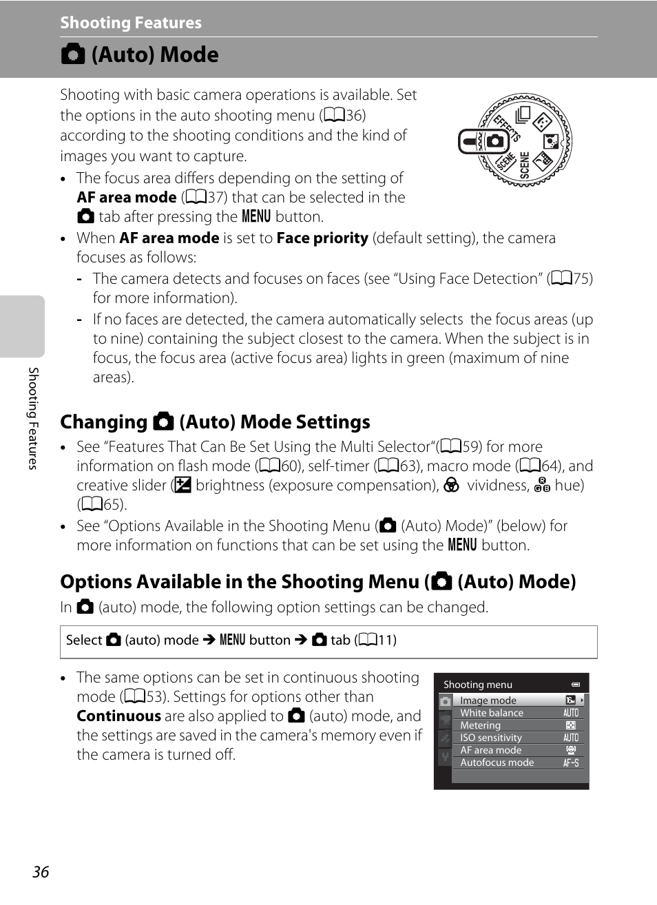 Auto mode, Changing auto mode settings, Options available in the shooting menu (auto mode) | A (auto) mode, A36), A36) to, Changing a (auto) mode settings | Nikon Coolpix S9300 User Manual | Page 54 / 244