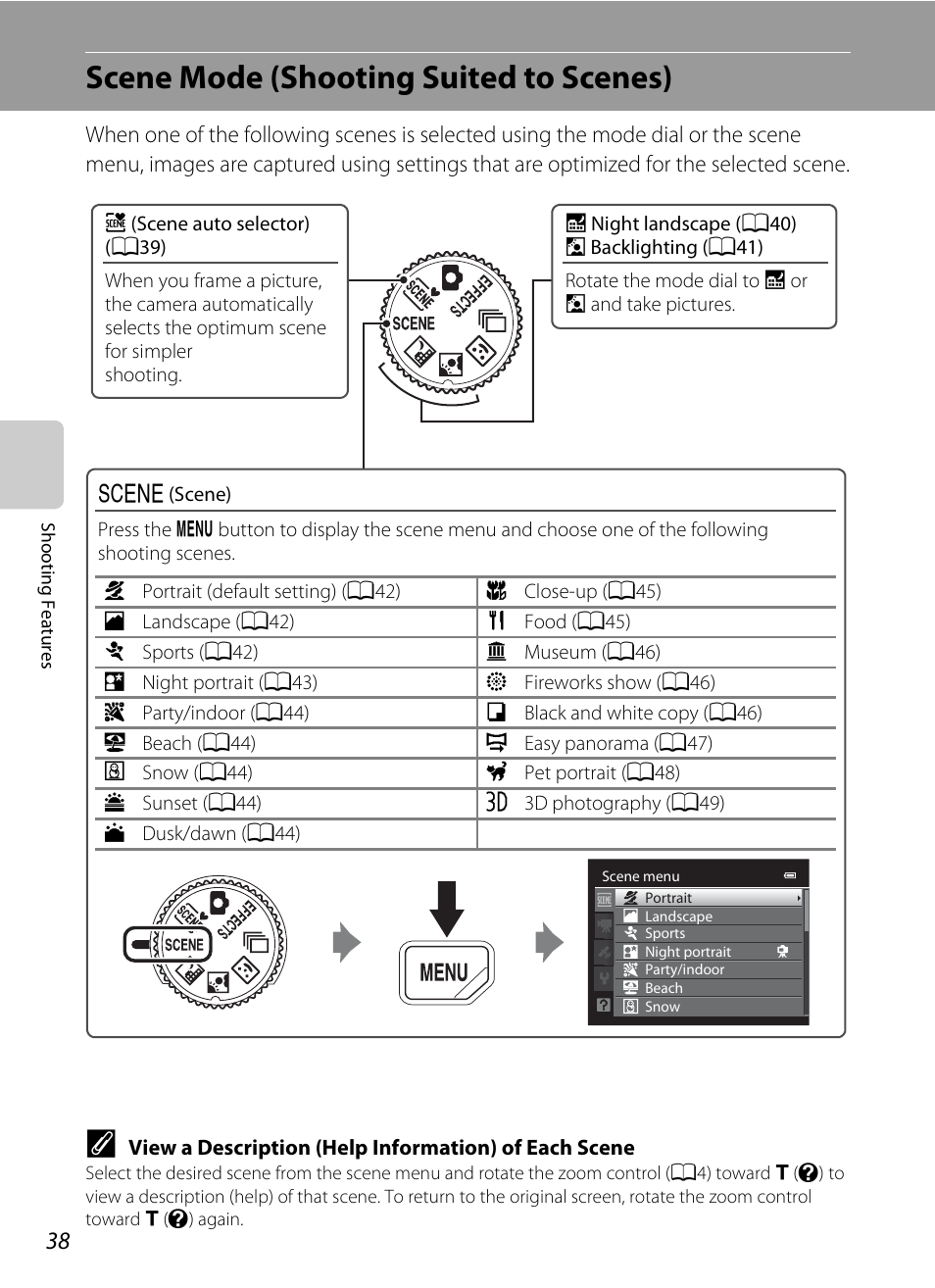 Scene mode (shooting suited to scenes), A38) | Nikon Coolpix S9300 User Manual | Page 56 / 244