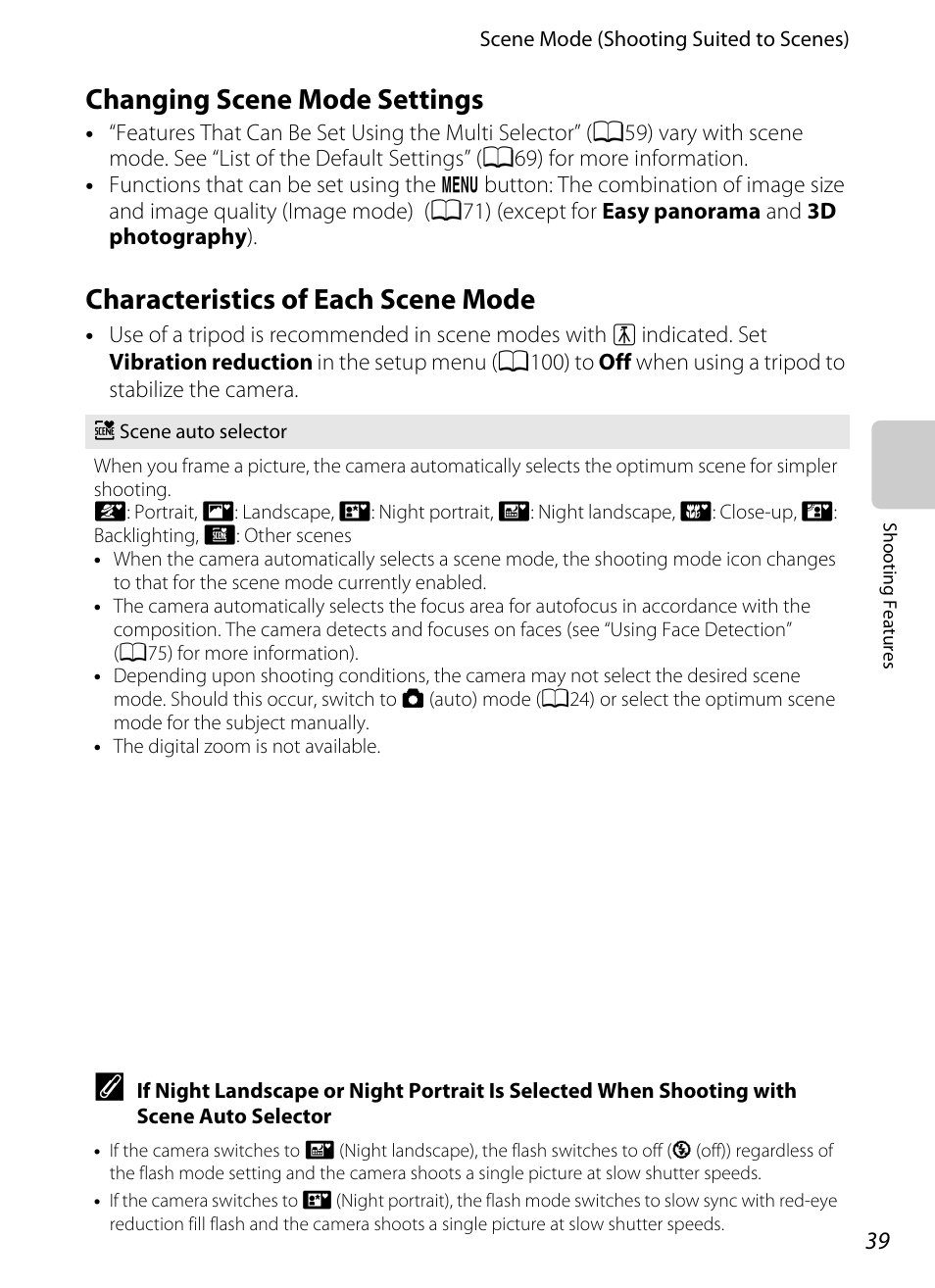 Changing scene mode settings, Characteristics of each scene mode, A39) | Nikon Coolpix S9300 User Manual | Page 57 / 244