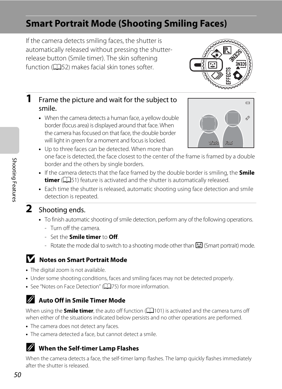 Smart portrait mode (shooting smiling faces), A50), Shooting ends | Nikon Coolpix S9300 User Manual | Page 68 / 244