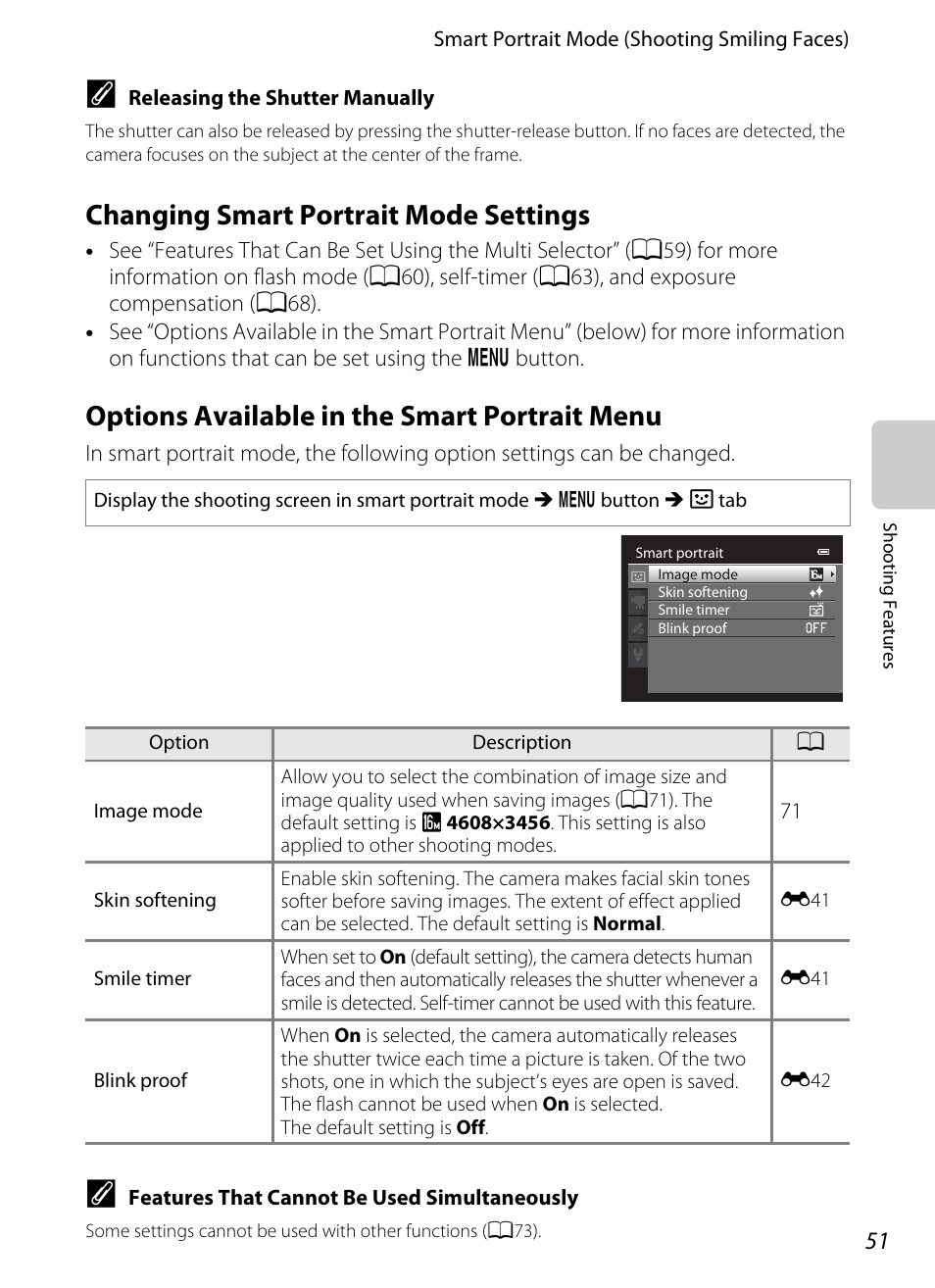 Changing smart portrait mode settings, Options available in the smart portrait menu, A51) | Nikon Coolpix S9300 User Manual | Page 69 / 244