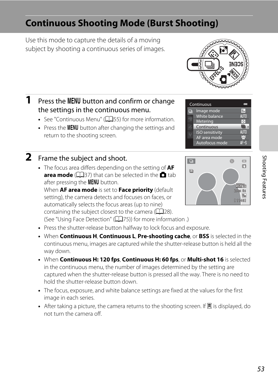 Continuous shooting mode (burst shooting), A53), Frame the subject and shoot | Nikon Coolpix S9300 User Manual | Page 71 / 244