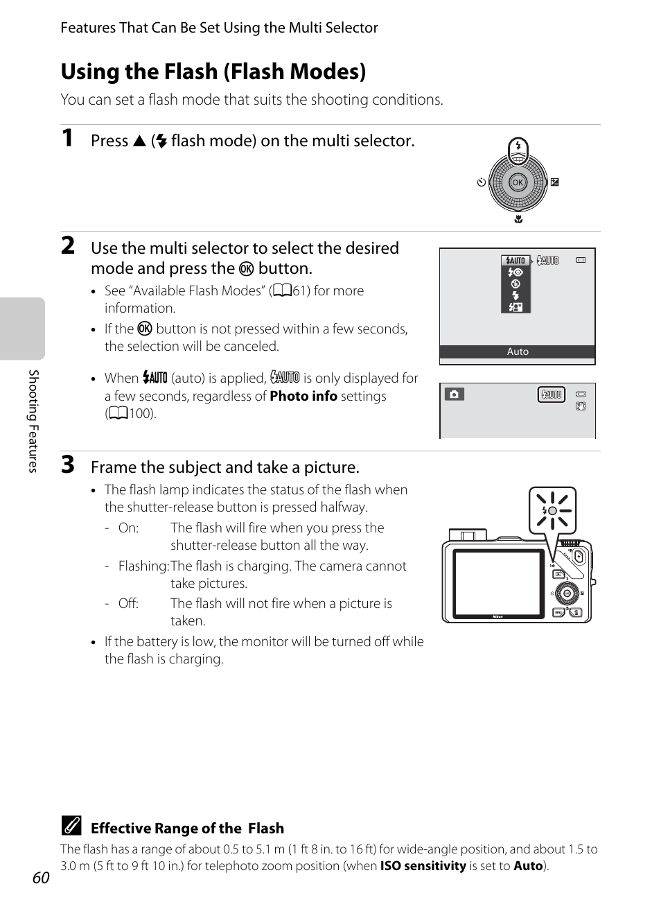 Using the flash (flash modes), A60) menu, Flash | A60), A60), self-timer, A60) to, Information on flash mode | Nikon Coolpix S9300 User Manual | Page 78 / 244