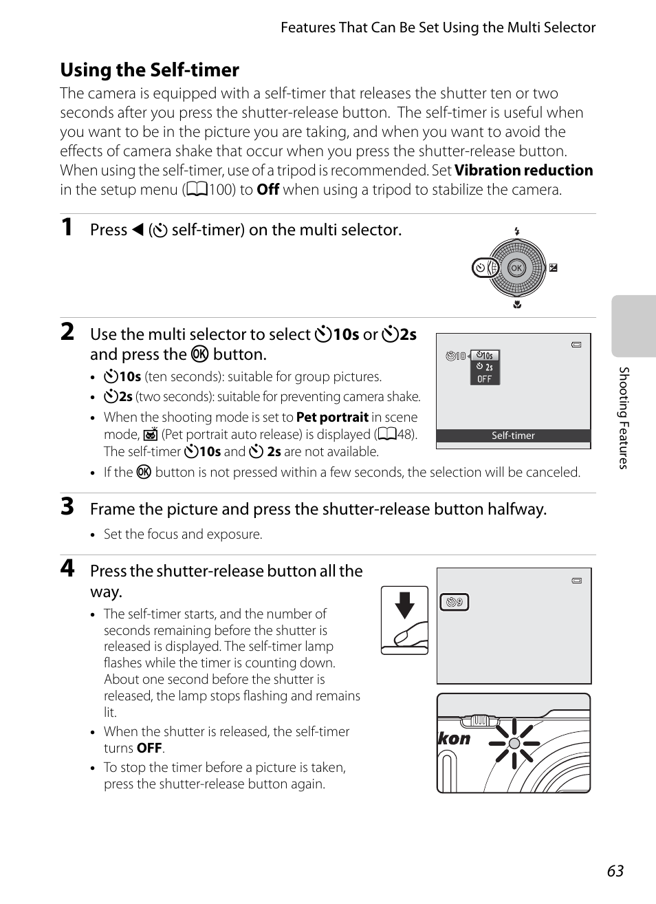 Using the self-timer, A63), A63), and ex | A63), macro mode | Nikon Coolpix S9300 User Manual | Page 81 / 244