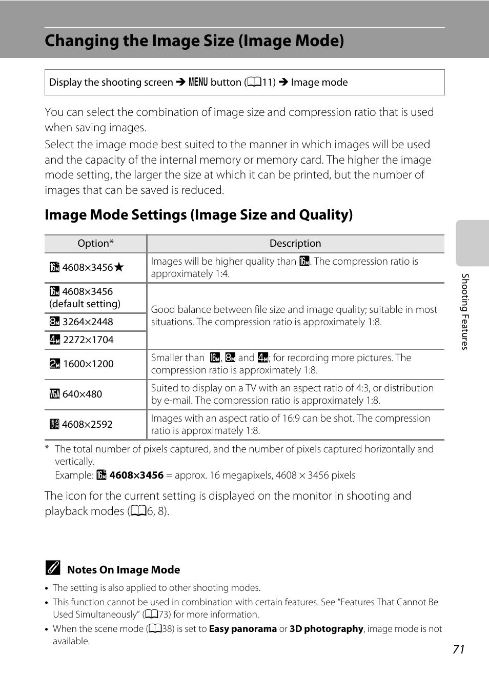 Changing the image size (image mode), Image mode settings (image size and quality), 71). the def | Y (image mode), A71) (exc, A71). the, A71) | Nikon Coolpix S9300 User Manual | Page 89 / 244