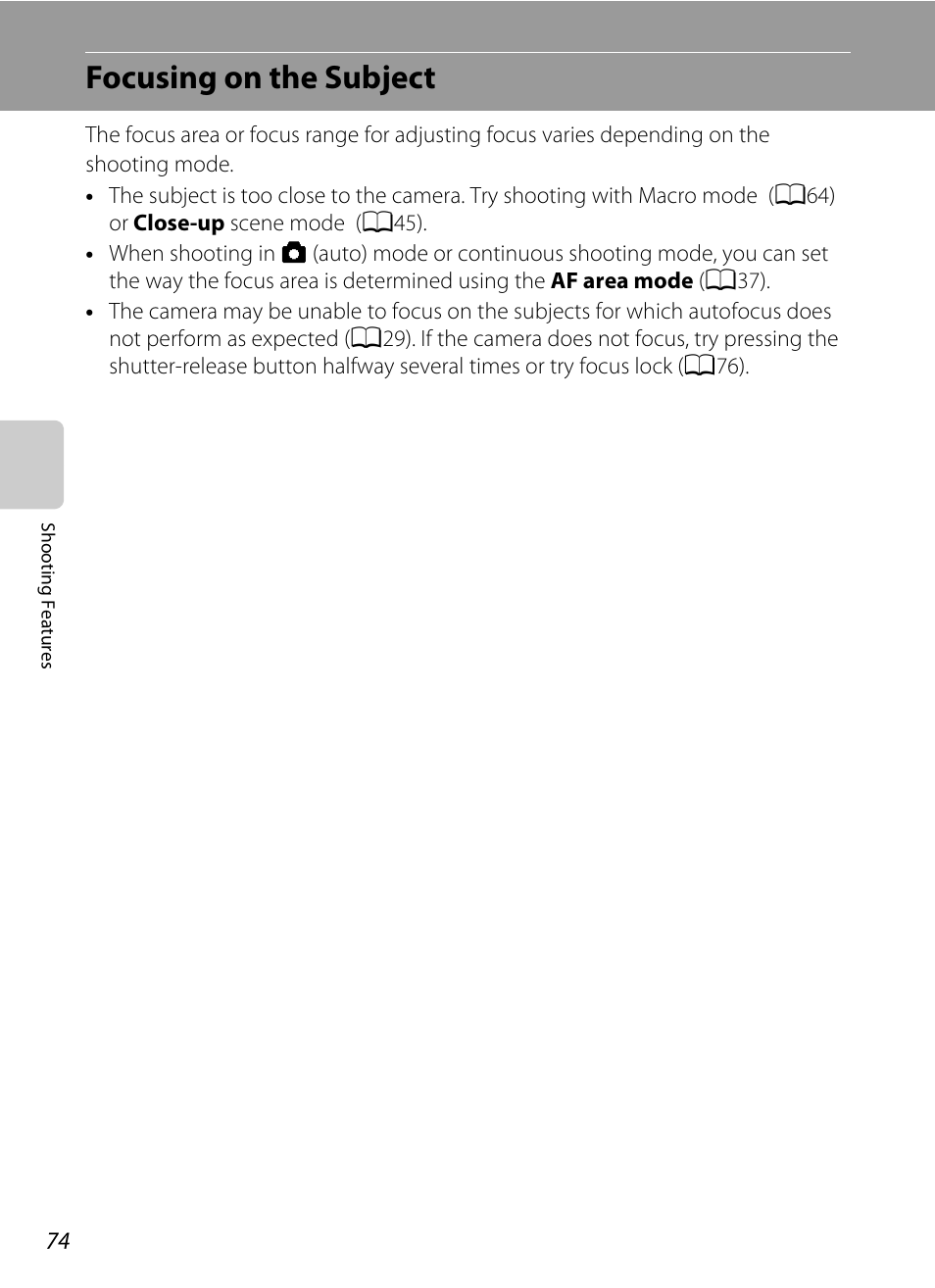 Focusing on the subject, Ee “focusing on the subject, A74) | Nikon Coolpix S9300 User Manual | Page 92 / 244