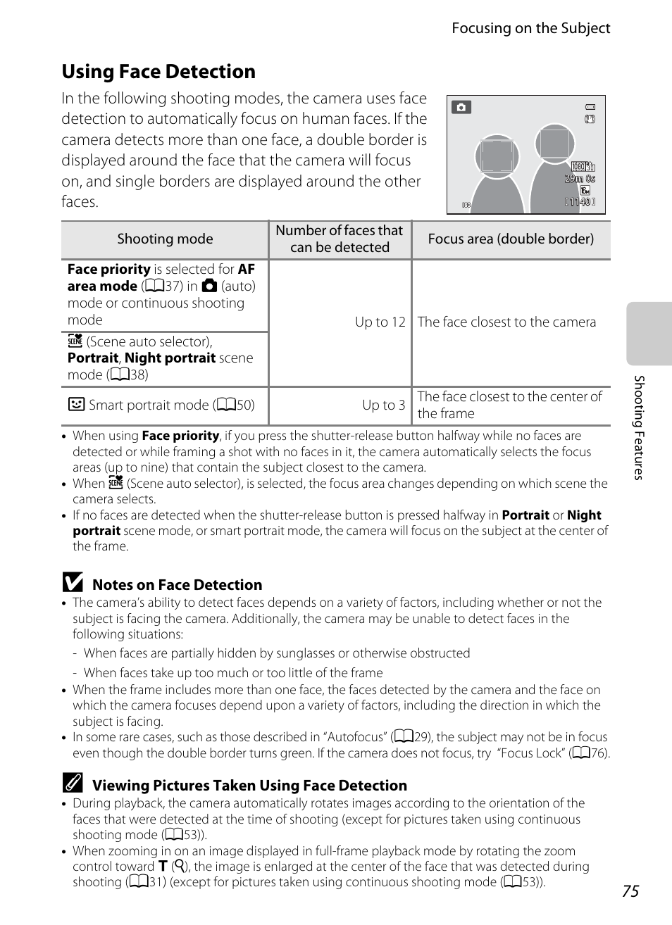 Using face detection, A75) f, A75) or | A75), A75) for, Using face, Detection, Notes on face detection, A75)) for | Nikon Coolpix S9300 User Manual | Page 93 / 244