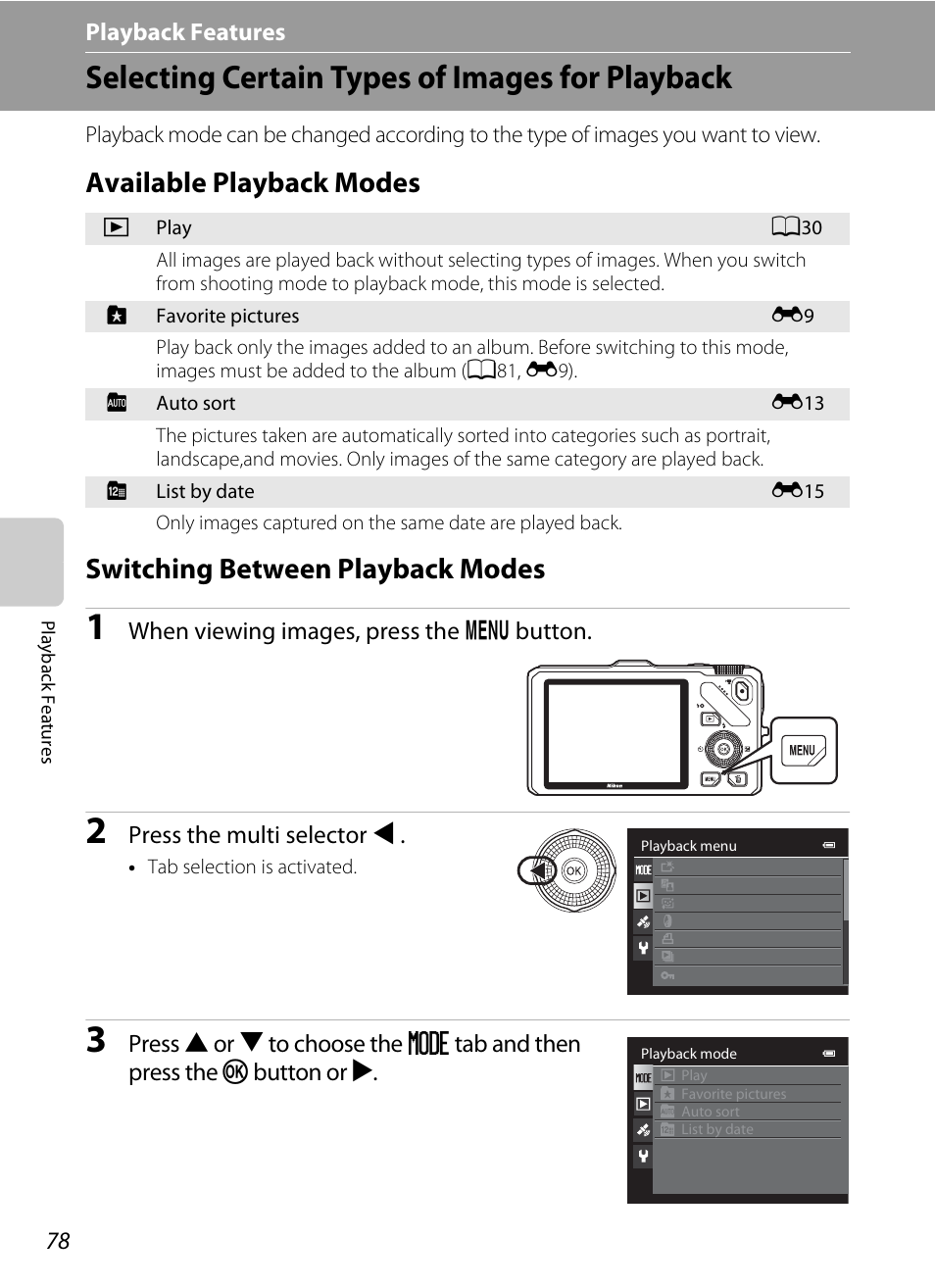 Selecting certain types of images for playback, Available playback modes, Switching between playback modes | A78) | Nikon Coolpix S9300 User Manual | Page 96 / 244