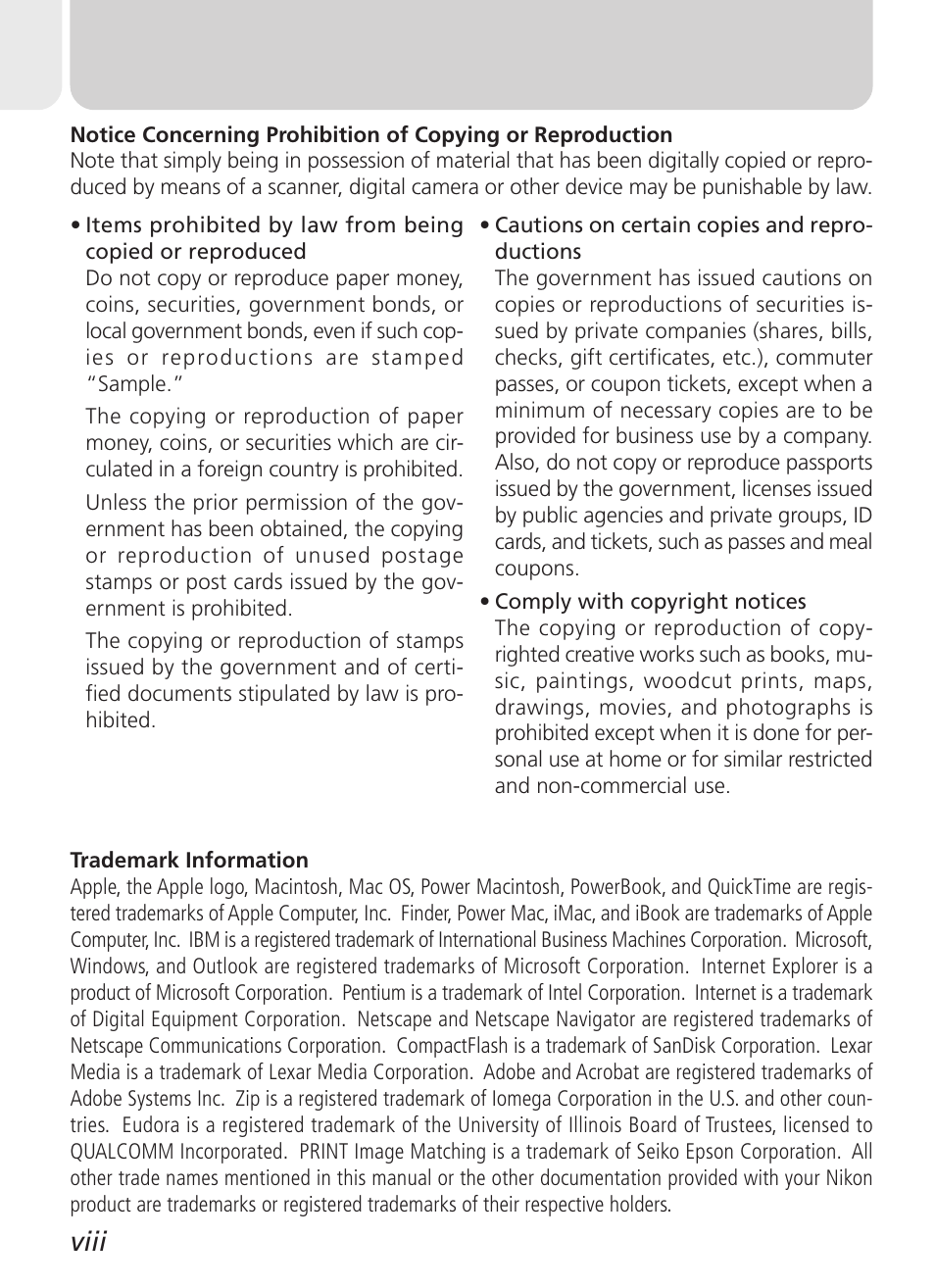 Viii | Nikon Coolpix 2500 User Manual | Page 10 / 120