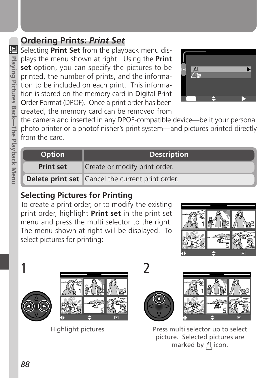 Ordering prints: print set, Selecting pictures for printing | Nikon Coolpix 2500 User Manual | Page 100 / 120