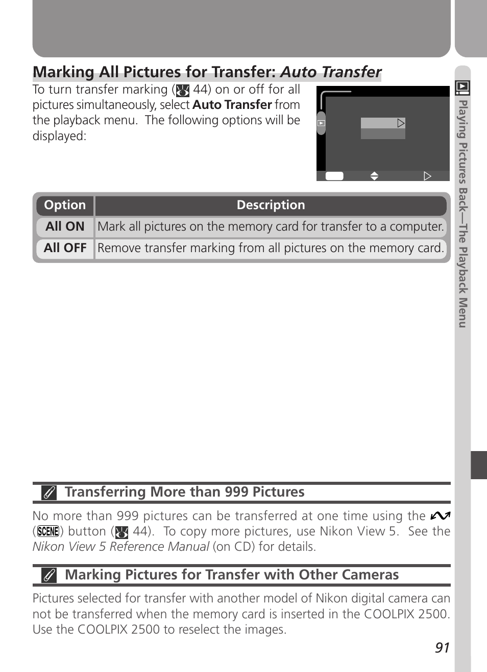 Marking all pictures for transfer: auto transfer, Transferring more than 999 pictures, Marking pictures for transfer with other cameras | Nikon Coolpix 2500 User Manual | Page 103 / 120