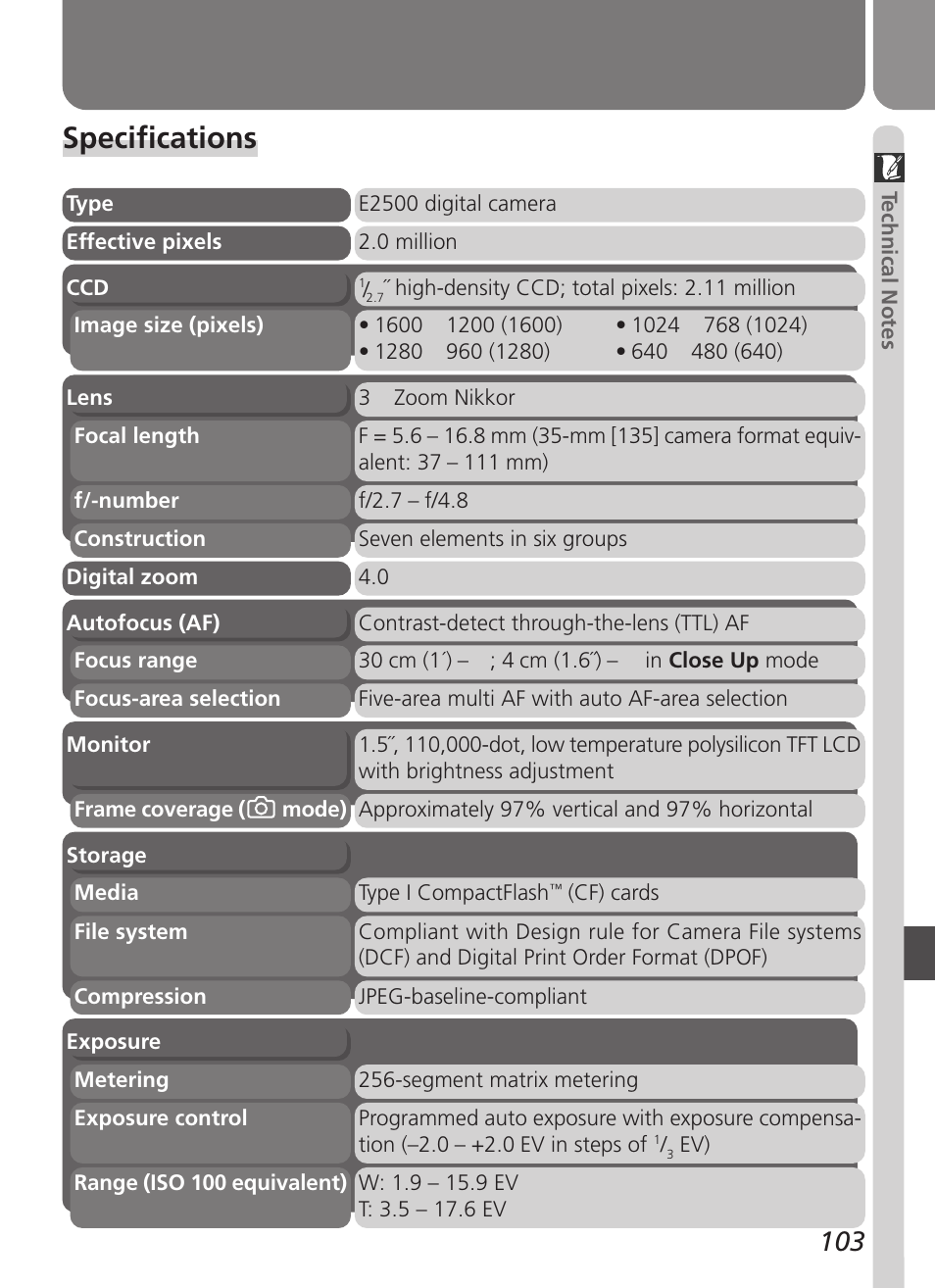 Specifications | Nikon Coolpix 2500 User Manual | Page 115 / 120