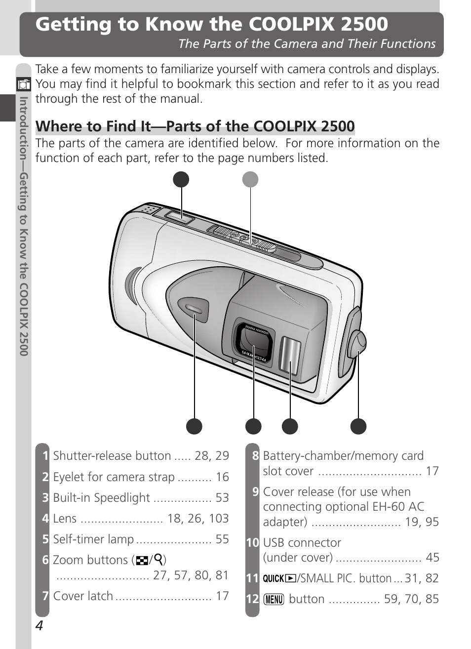 Getting to know the coolpix 2500, Where to find it—parts of the coolpix 2500 | Nikon Coolpix 2500 User Manual | Page 16 / 120