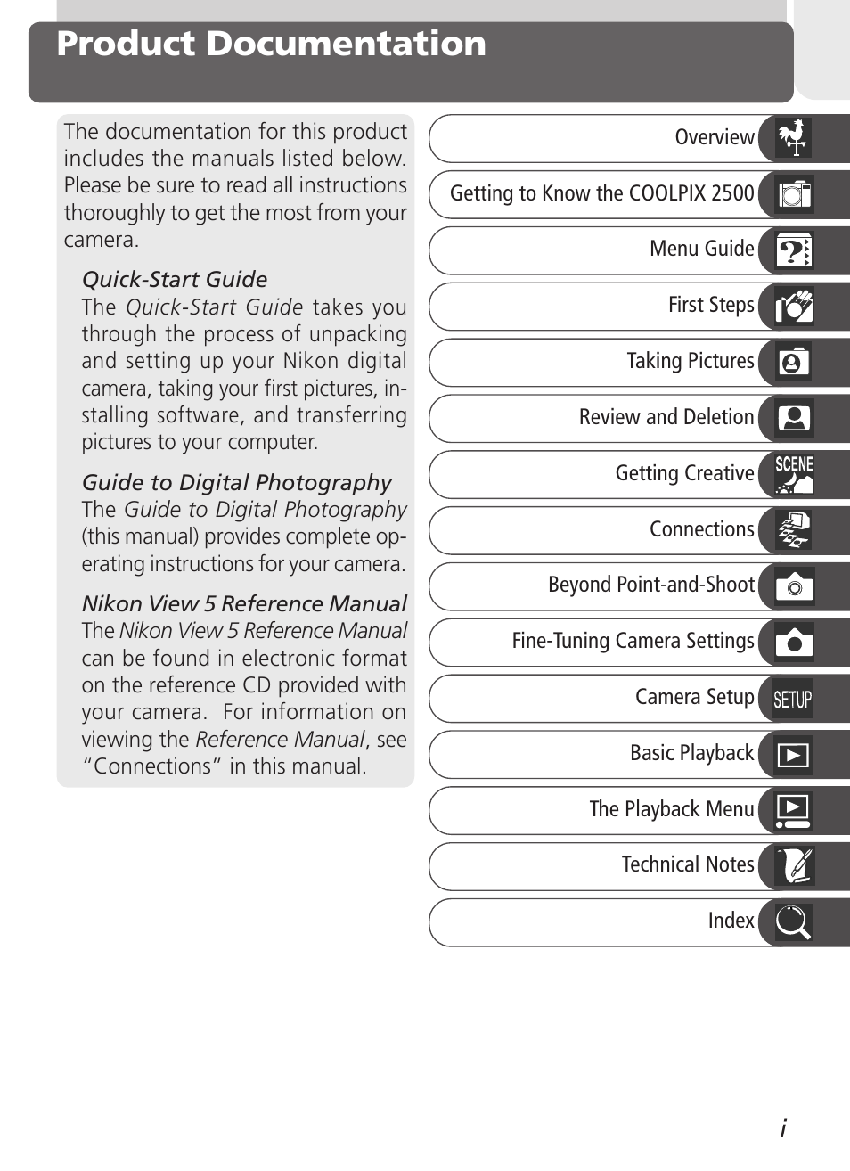 Product documentation | Nikon Coolpix 2500 User Manual | Page 3 / 120