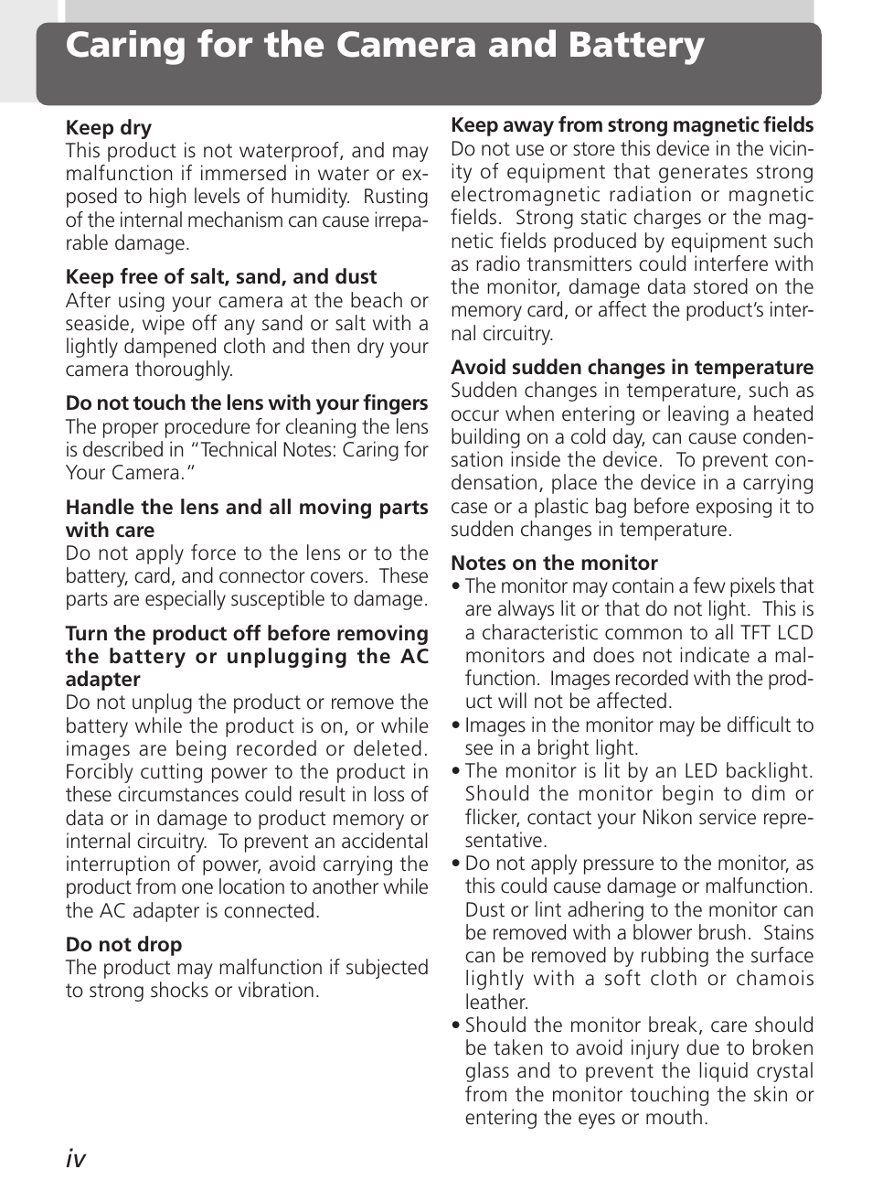 Caring for the camera and battery | Nikon Coolpix 2500 User Manual | Page 6 / 120