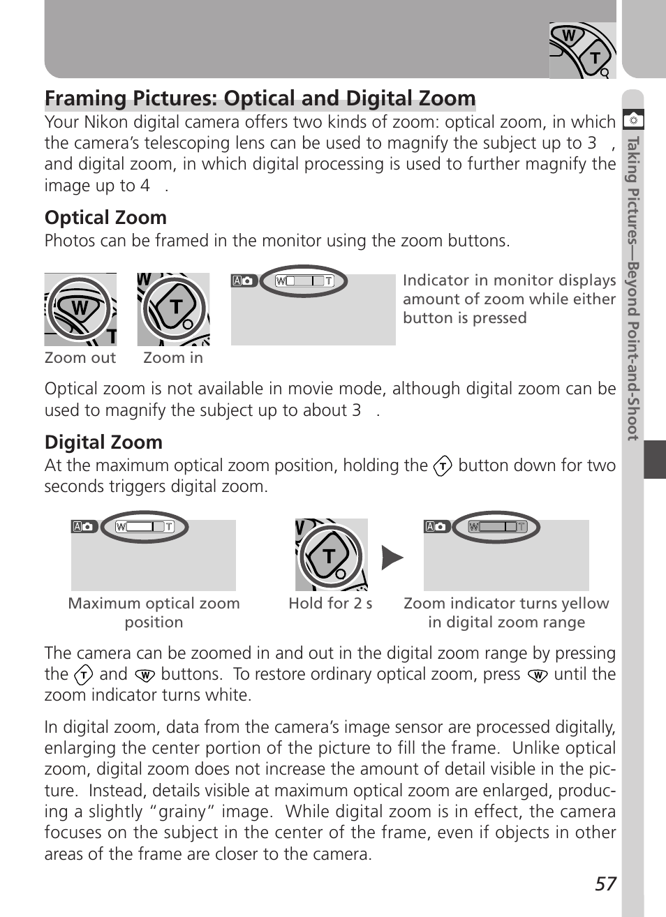 Framing pictures: optical and digital zoom, Optical zoom, Digital zoom | Nikon Coolpix 2500 User Manual | Page 69 / 120