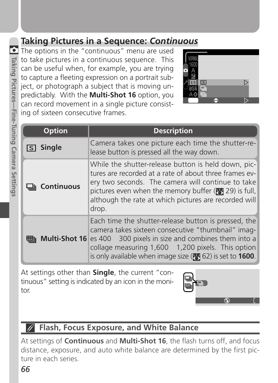 Taking pictures in a sequence: continuous, Flash, focus exposure, and white balance | Nikon Coolpix 2500 User Manual | Page 78 / 120