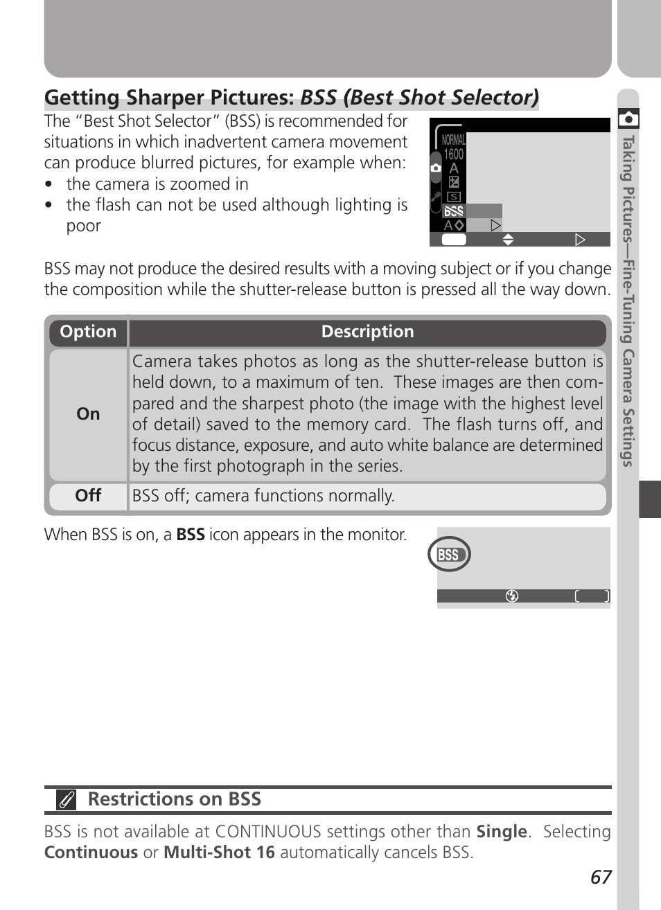 Getting sharper pictures: bss (best shot selector), Restrictions on bss | Nikon Coolpix 2500 User Manual | Page 79 / 120