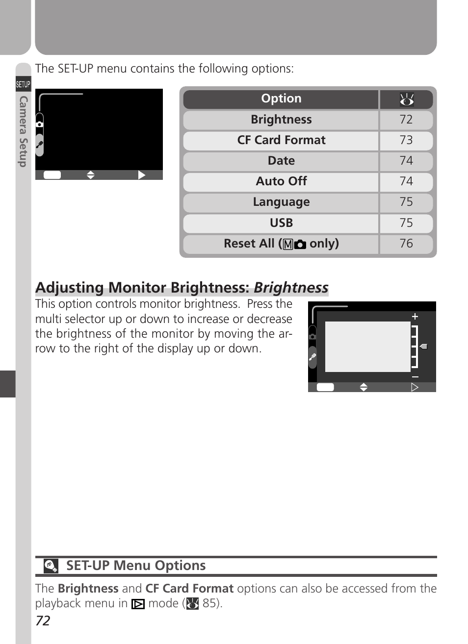 Adjusting monitor brightness: brightness, Set-up menu options | Nikon Coolpix 2500 User Manual | Page 84 / 120