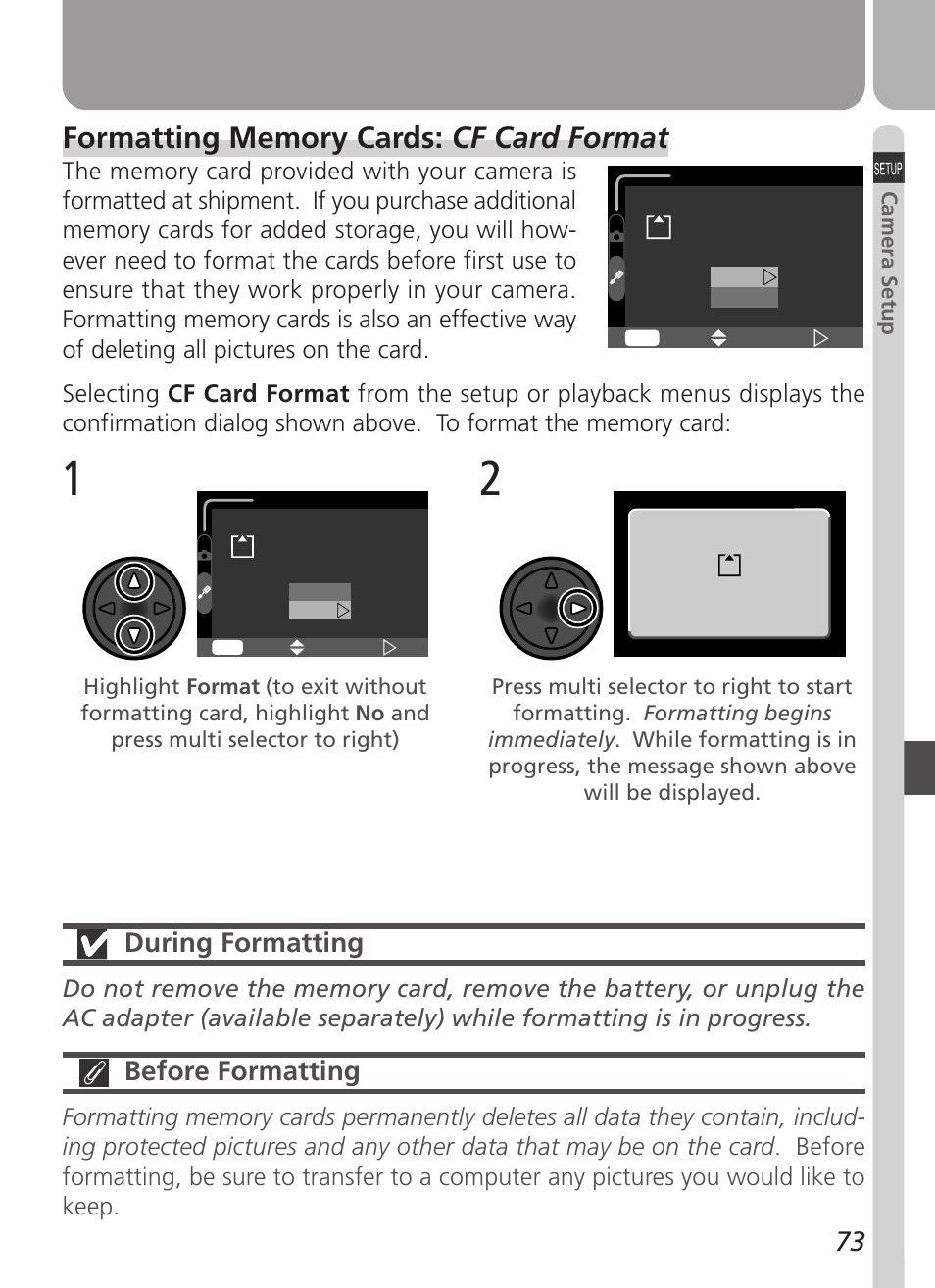 During formatting, Before formatting | Nikon Coolpix 2500 User Manual | Page 85 / 120