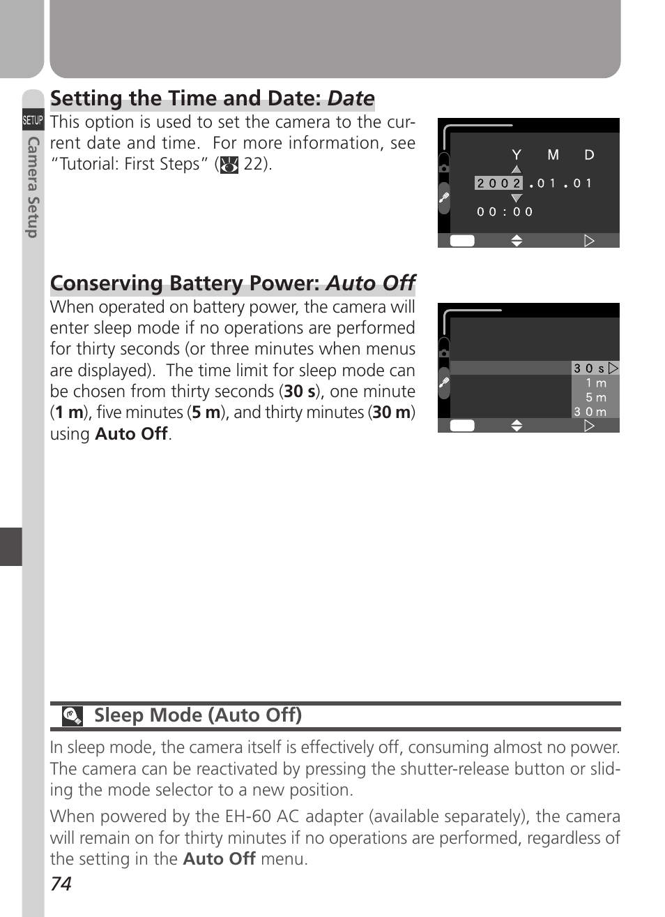 Setting the time and date: date, Conserving battery power: auto off, Sleep mode (auto off) | Nikon Coolpix 2500 User Manual | Page 86 / 120
