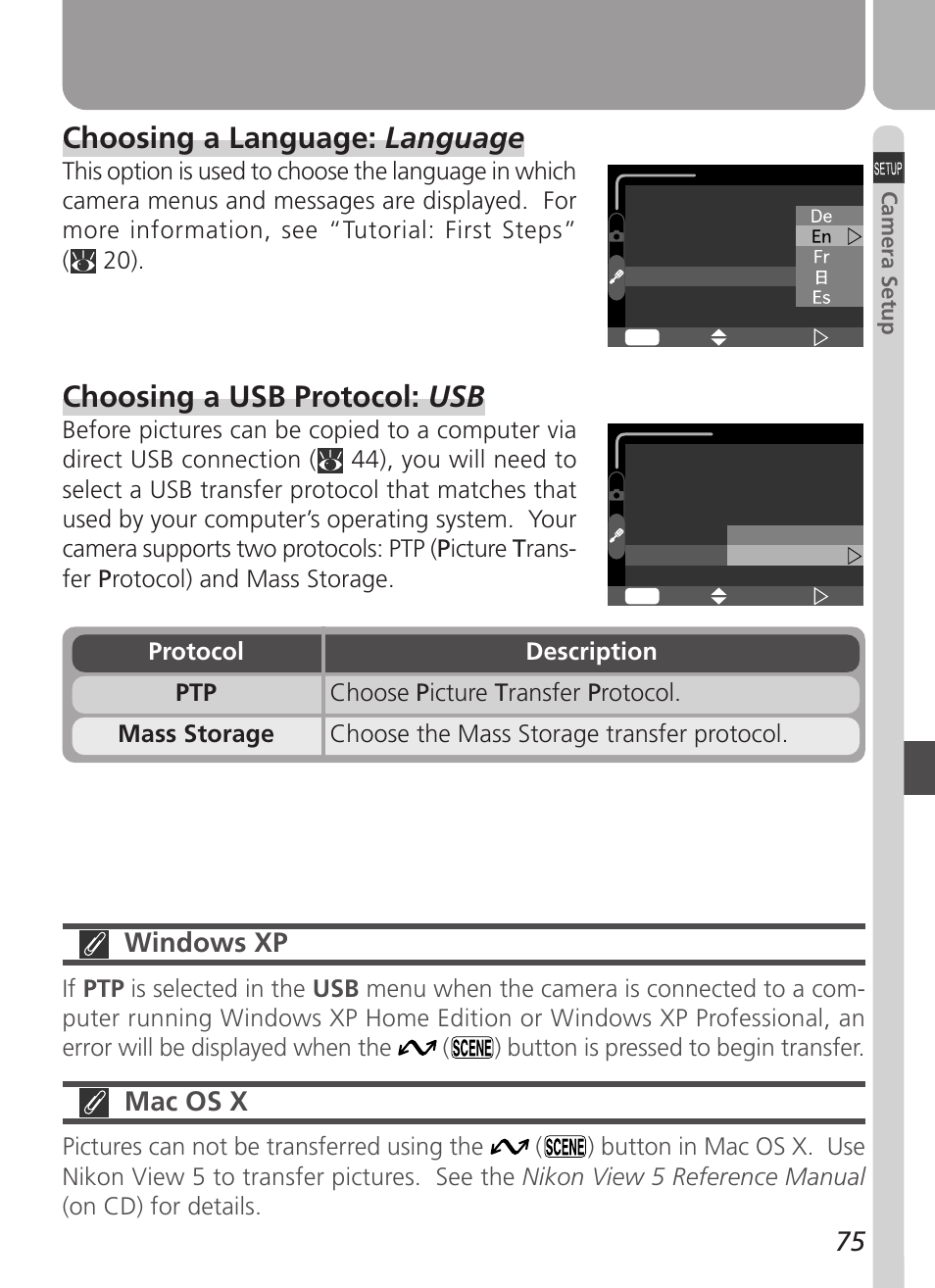 Choosing a language: language, Choosing a usb protocol: usb, Windows xp | Mac os x | Nikon Coolpix 2500 User Manual | Page 87 / 120
