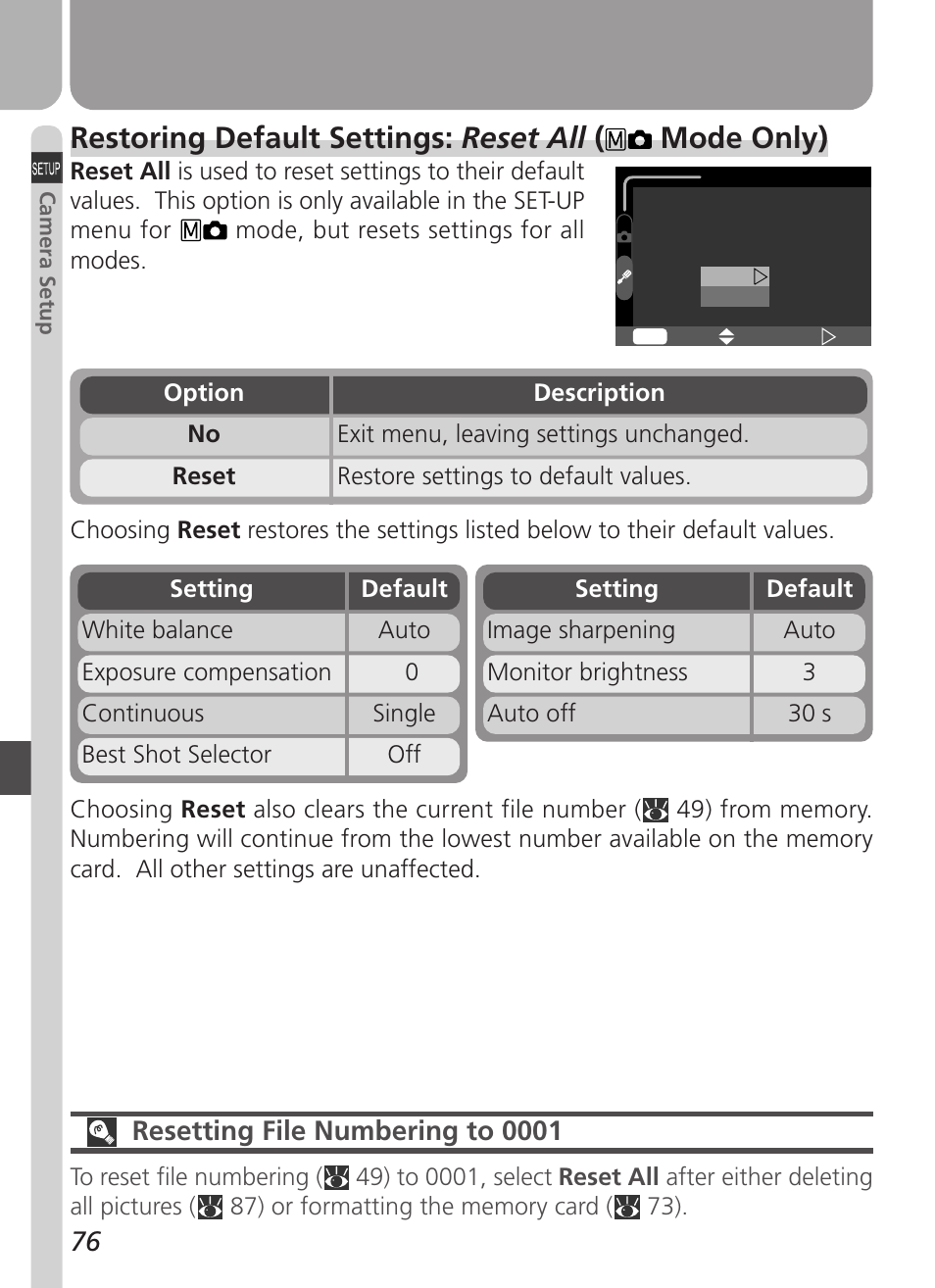 Restoring default settings: reset all ( mode only), Resetting file numbering to 0001 | Nikon Coolpix 2500 User Manual | Page 88 / 120