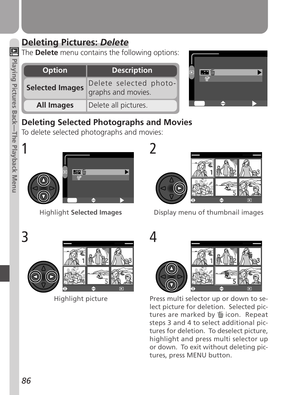 Deleting pictures: delete, Deleting selected photographs and movies | Nikon Coolpix 2500 User Manual | Page 98 / 120