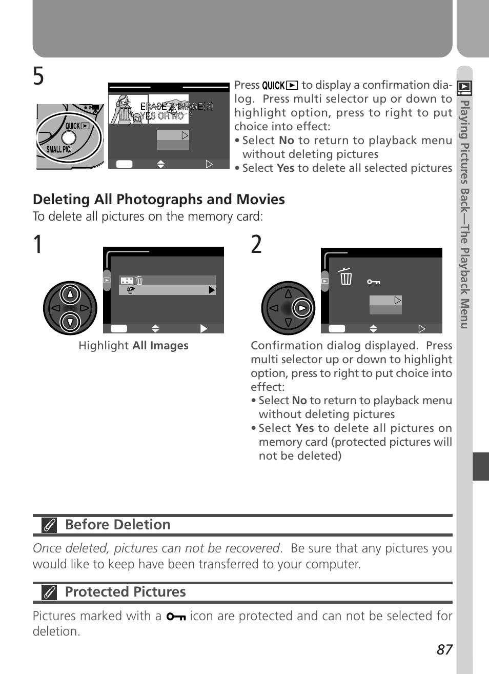 Before deletion, Protected pictures, Deleting all photographs and movies | Nikon Coolpix 2500 User Manual | Page 99 / 120