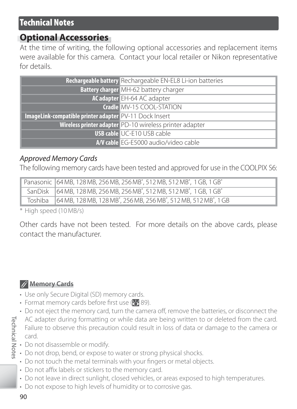 Technical notes, Optional accessories | Nikon COOLPIX S6 User Manual | Page 100 / 119