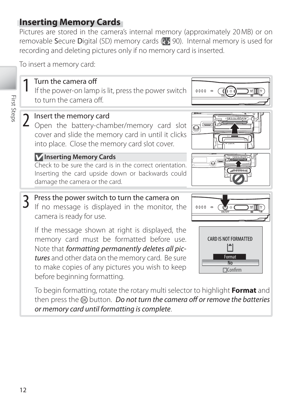 Inserting memory cards | Nikon COOLPIX S6 User Manual | Page 22 / 119