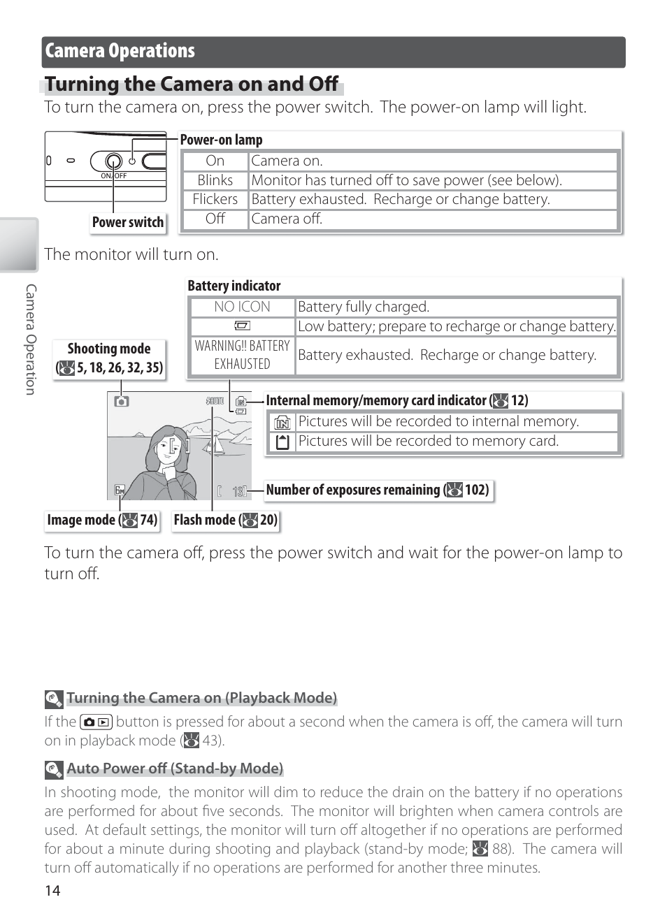 Camera operations, Turning the camera on and o, Camera operations turning the camera on and oﬀ | Nikon COOLPIX S6 User Manual | Page 24 / 119